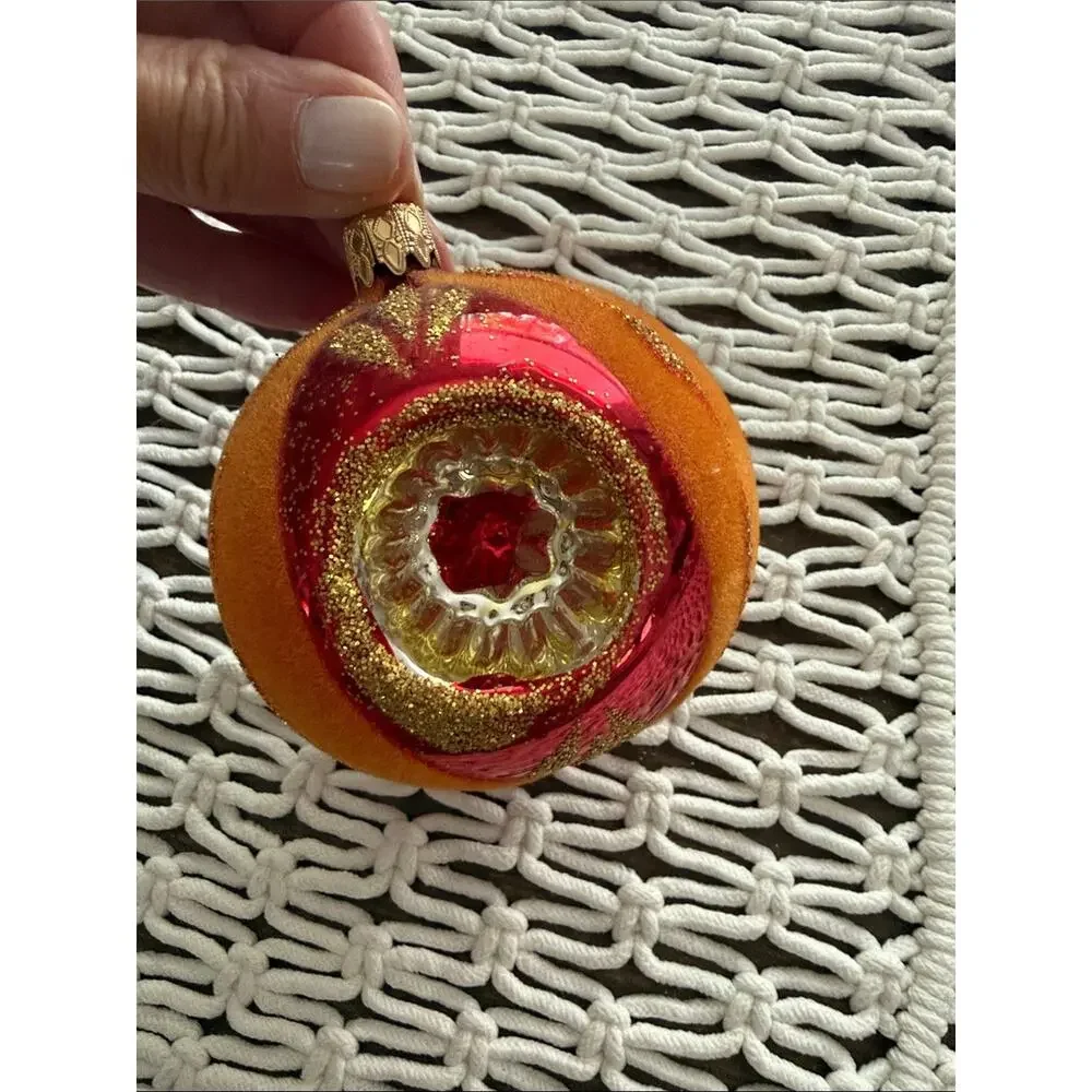 Vintage Orange & Red Mercury Glass Glitter Indent Holiday Christmas Ornament